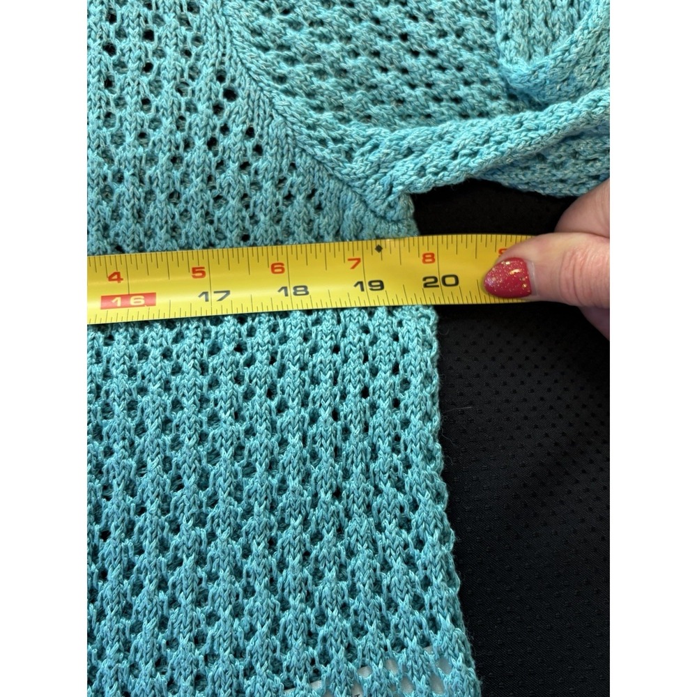 Sigrid Olsen Cardigan Sweater~L~Turquoise Crochet Knit Linen Bld 2 Button Resort - Picture 10 of 15